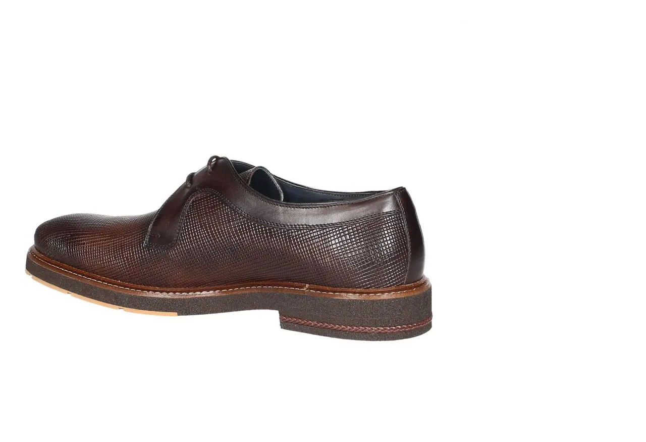 Blucher Piel Marron Grabado Cerco Pespunte Tacon Trenza Piel