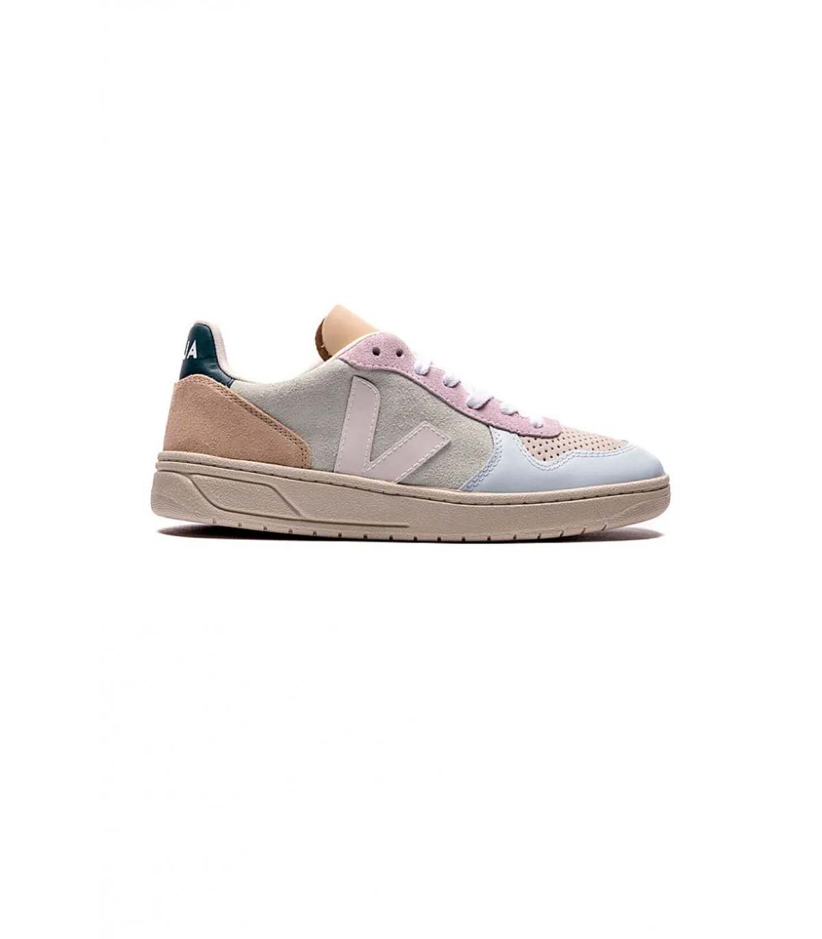 Zapatillas Veja V-10 Suede Jade Beige, Verde y Rosa