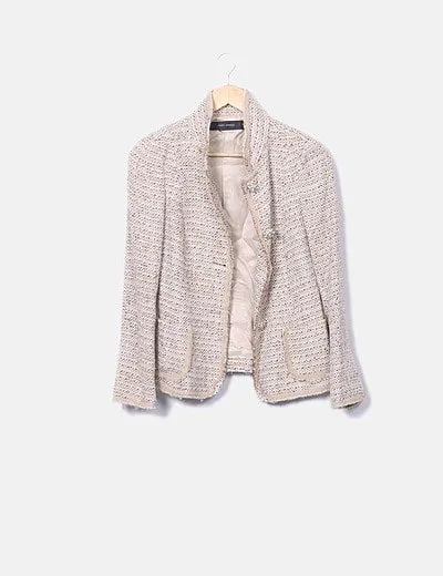 Zara Chaqueta tricot beige combinada detalle broches